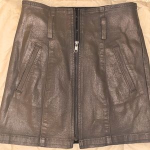 LF Carmar Metallic Mini Skirt Pewter Wax Zipper Front Denim Leather Pockets New